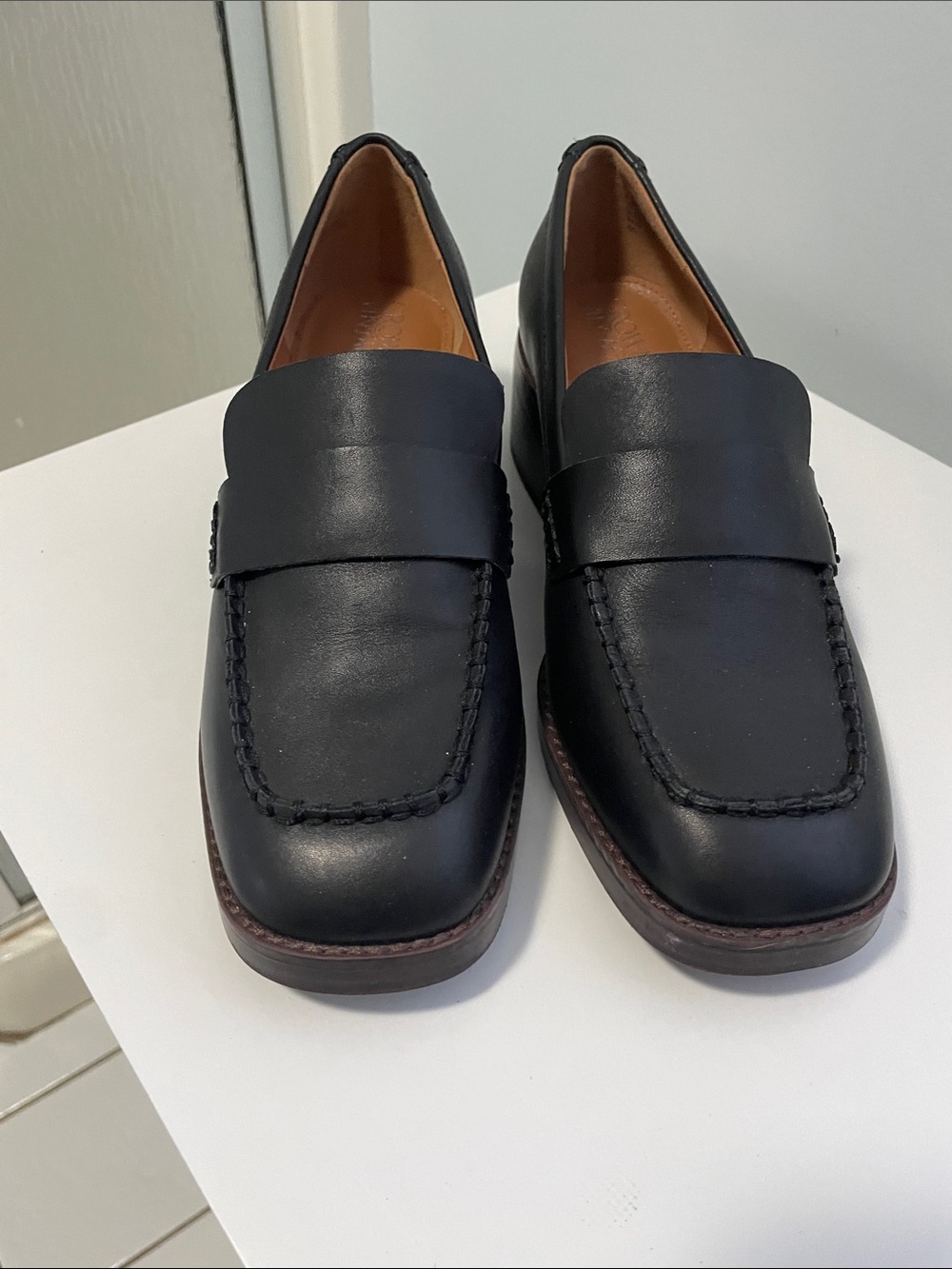 Black Leather women’s stacked heel Penny Loafers - Picture 5 of 6